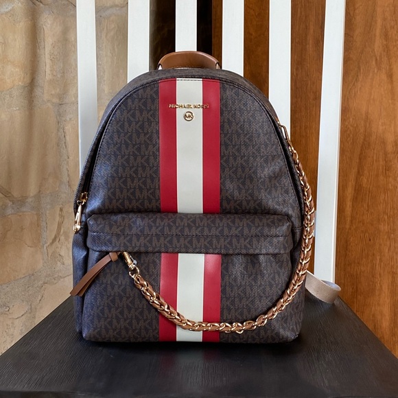 Michael Kors Handbags - Michael Kors slater signature chain stripe brown backpack brown red white NWT